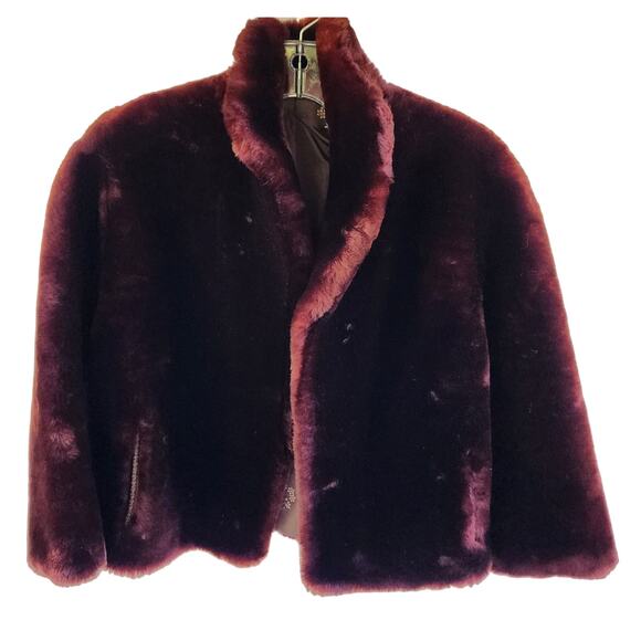 Vintage Faux Beaver Cropped Jacket Burgundy Brown Sz S Mob Wife - Picture 2 of 14